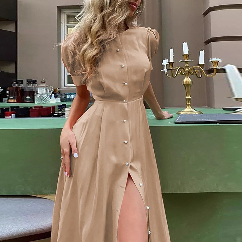 Puff Sleeve Elegant Slim Waist Long Vintage Dress - Body Central