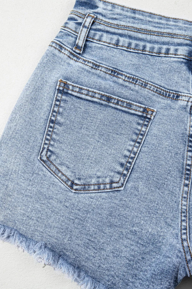Rhinestone Light Wash Raw Hem High Waist Denim Shorts - Body Central