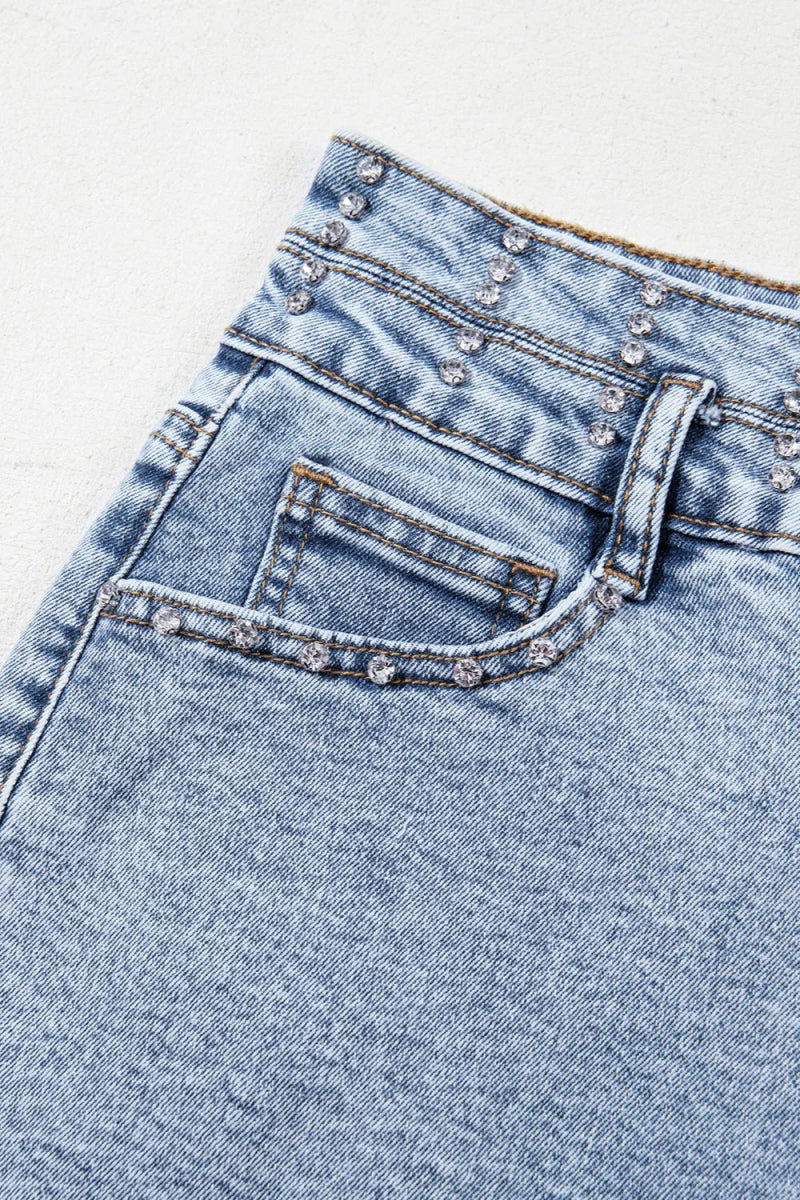 Rhinestone Light Wash Raw Hem High Waist Denim Shorts - Body Central