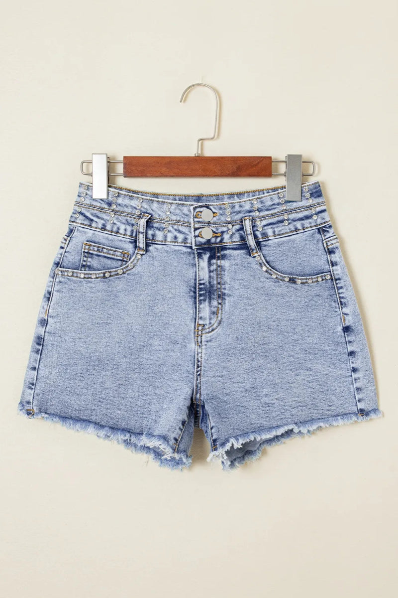 Rhinestone Light Wash Raw Hem High Waist Denim Shorts - Body Central