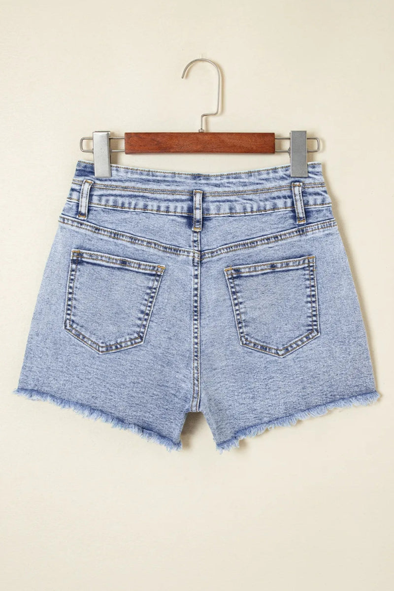 Rhinestone Light Wash Raw Hem High Waist Denim Shorts - Body Central
