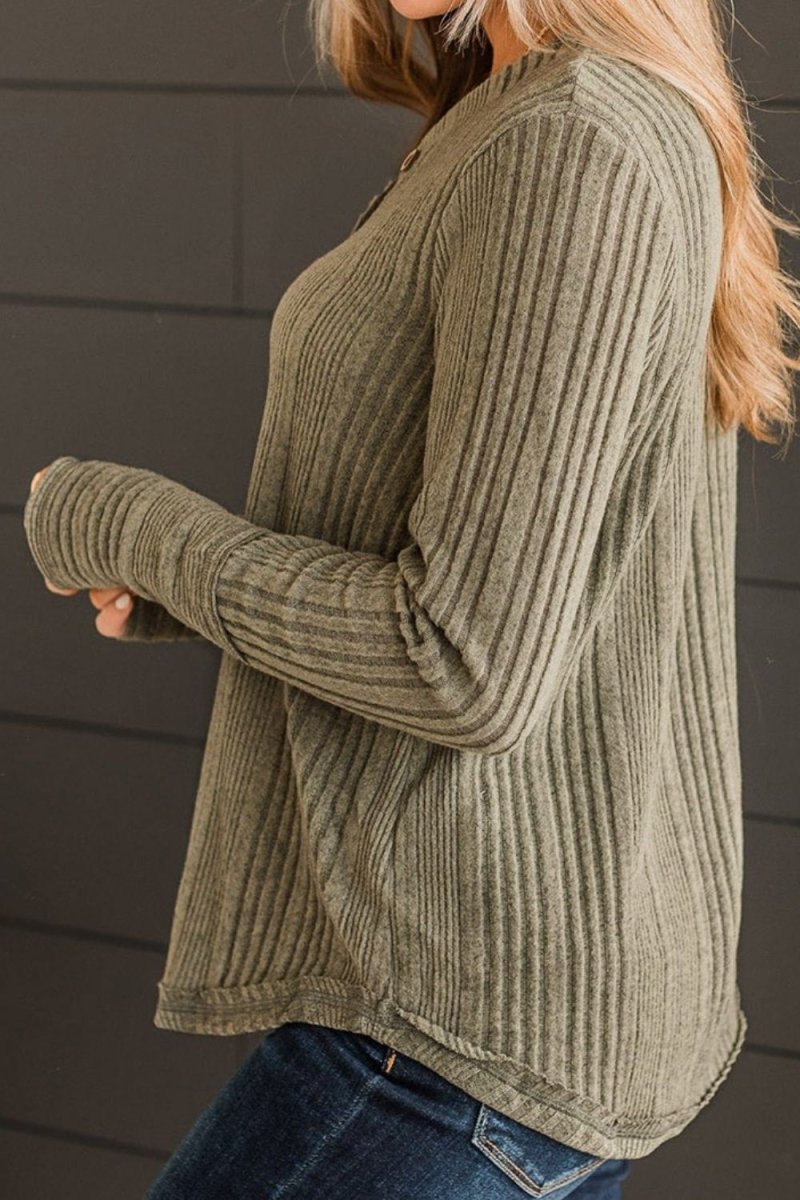 Ribbed Buttoned Long Sleeve Blouse - Body Central