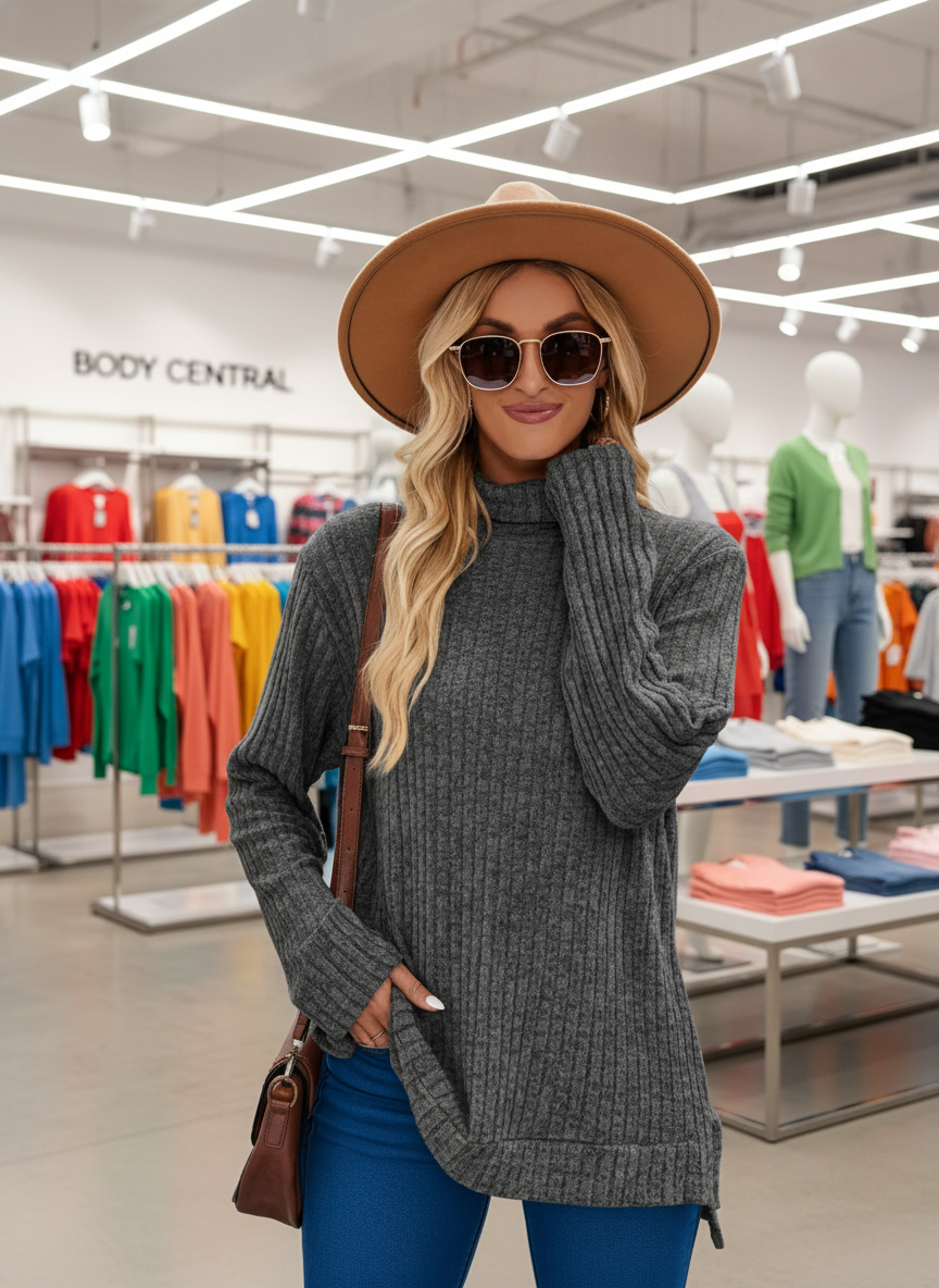A Woman wearing a gray sweater and blue jeans in a Body Central clothing store.