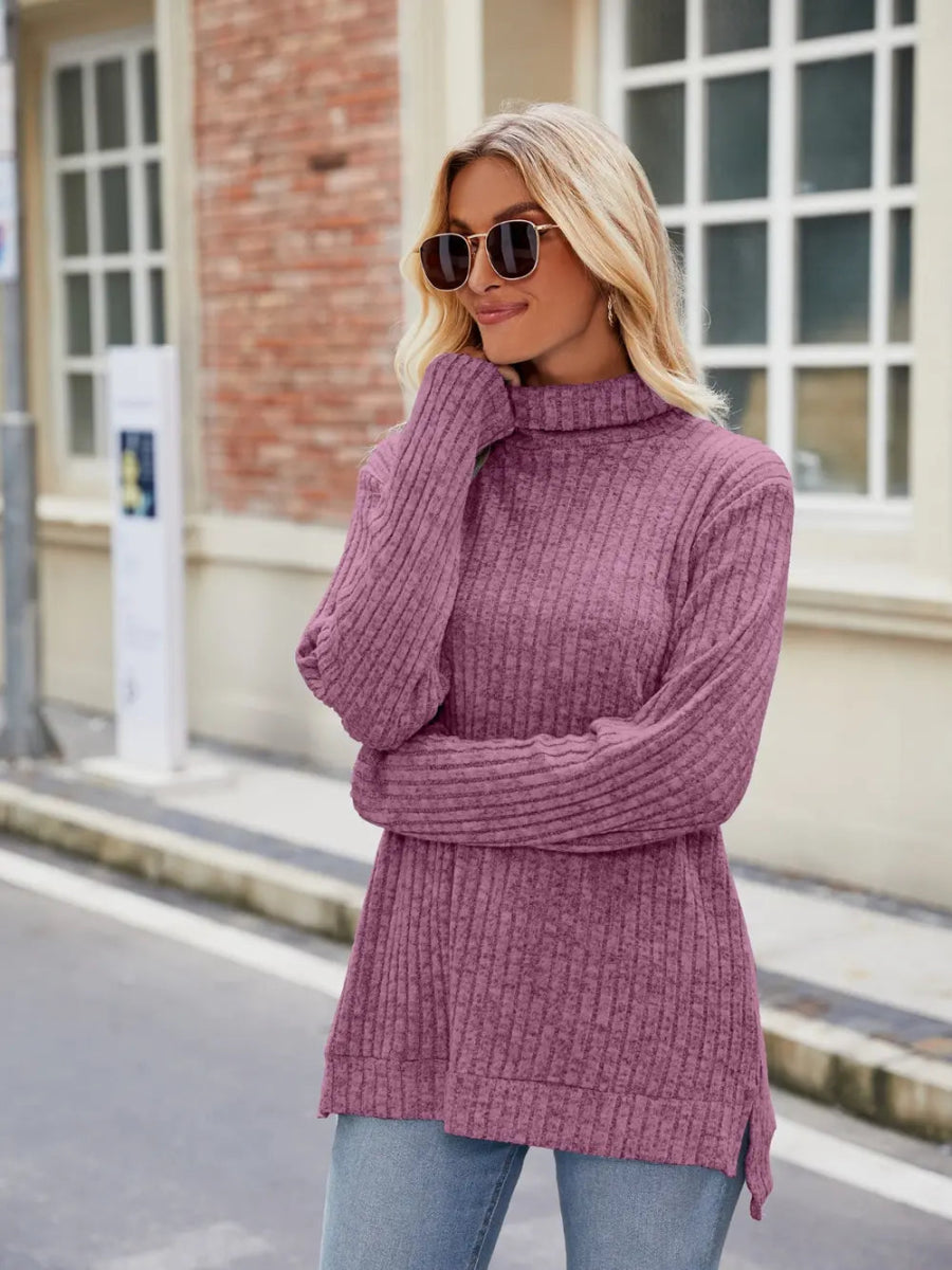 Ribbed Turtleneck Long Sleeve Slit Knit Top - Body Central