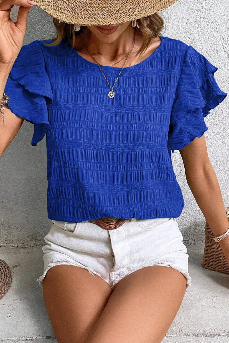 Round Neck Ruffle Sleeve Blouse - Body Central