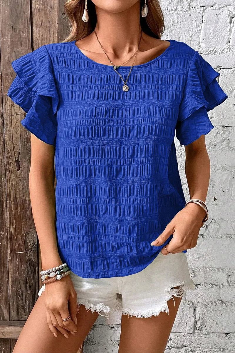 Round Neck Ruffle Sleeve Blouse - Body Central