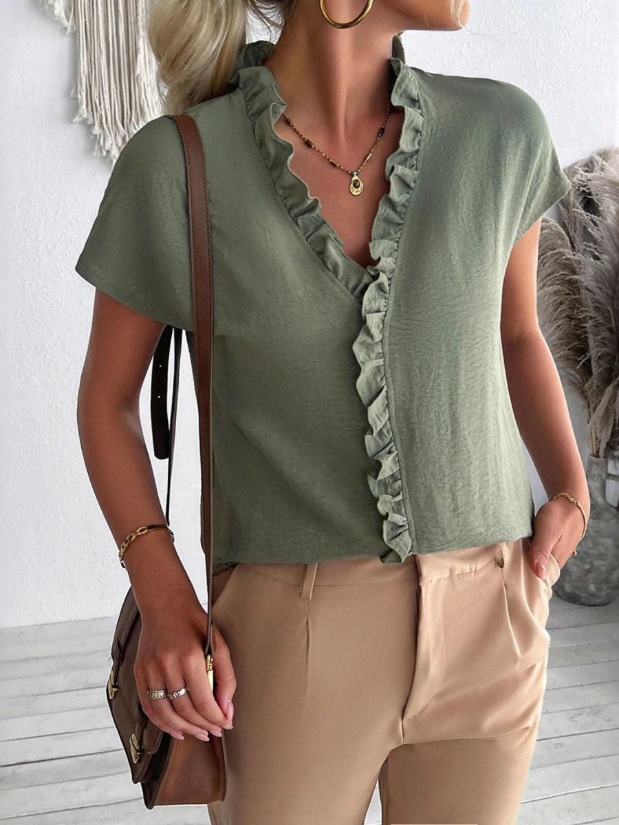 Ruffled V - Neck Short Sleeve Blouse - Body Central