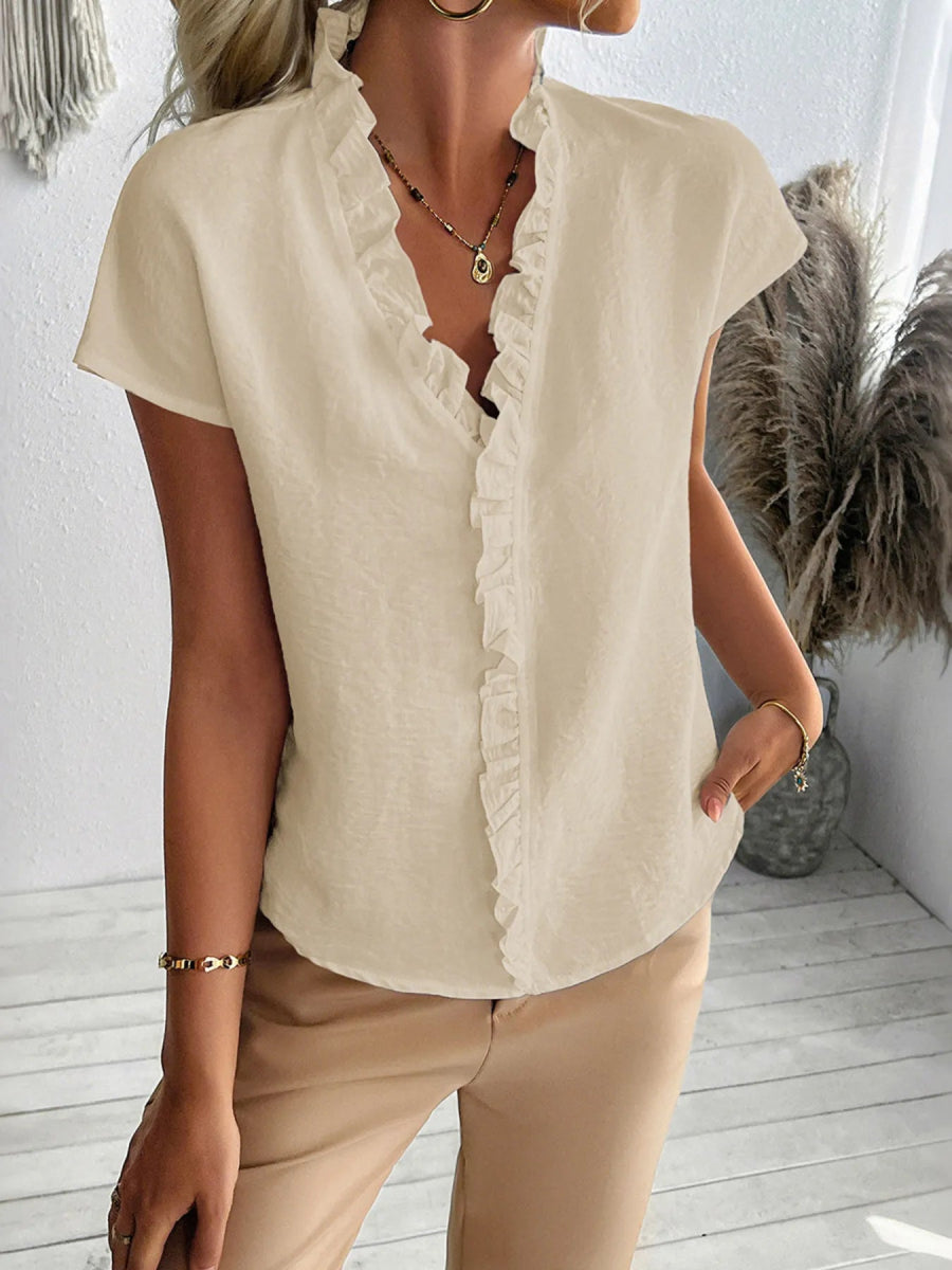 Ruffled V - Neck Short Sleeve Blouse - Body Central