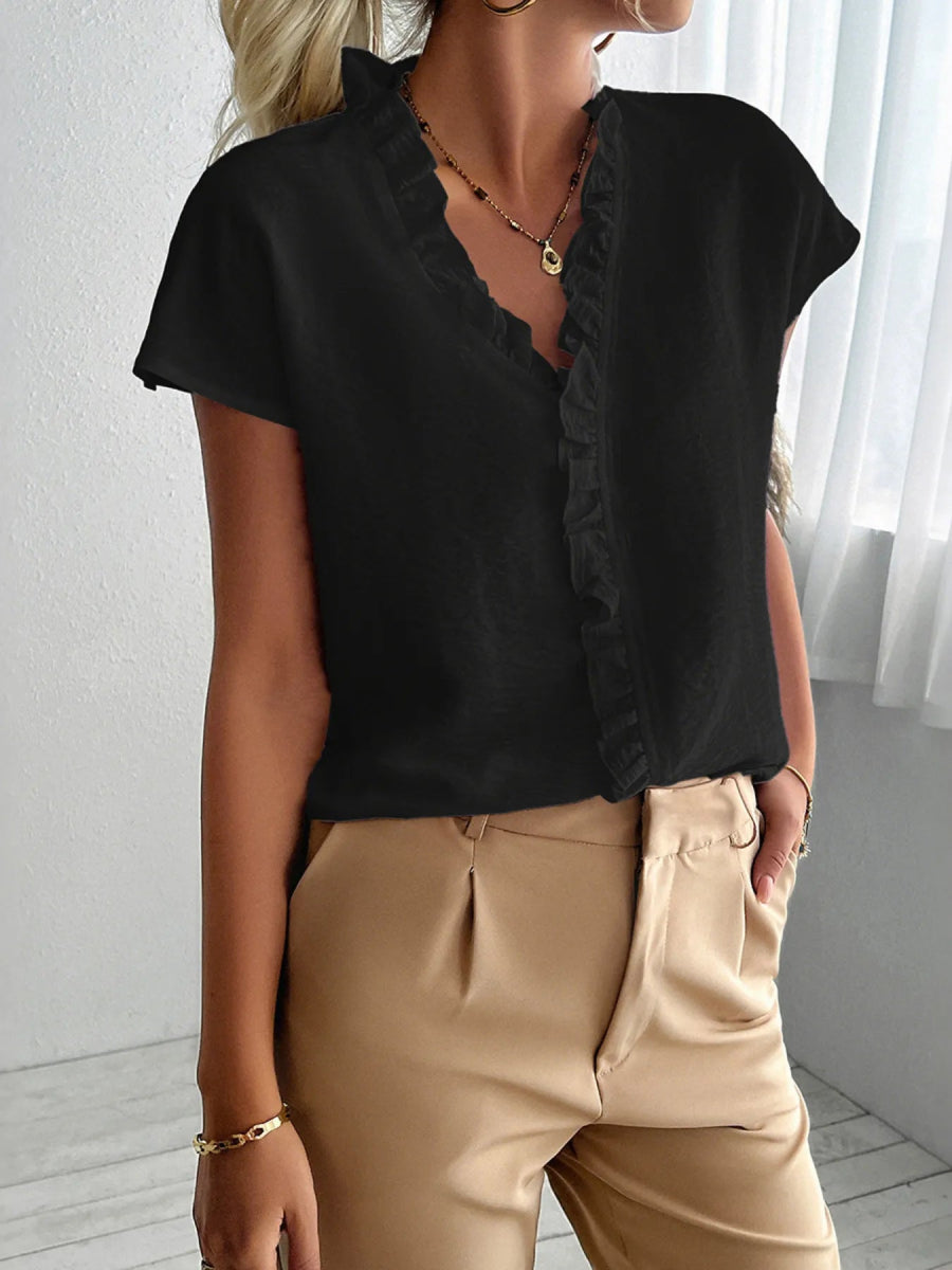 Ruffled V - Neck Short Sleeve Blouse - Body Central
