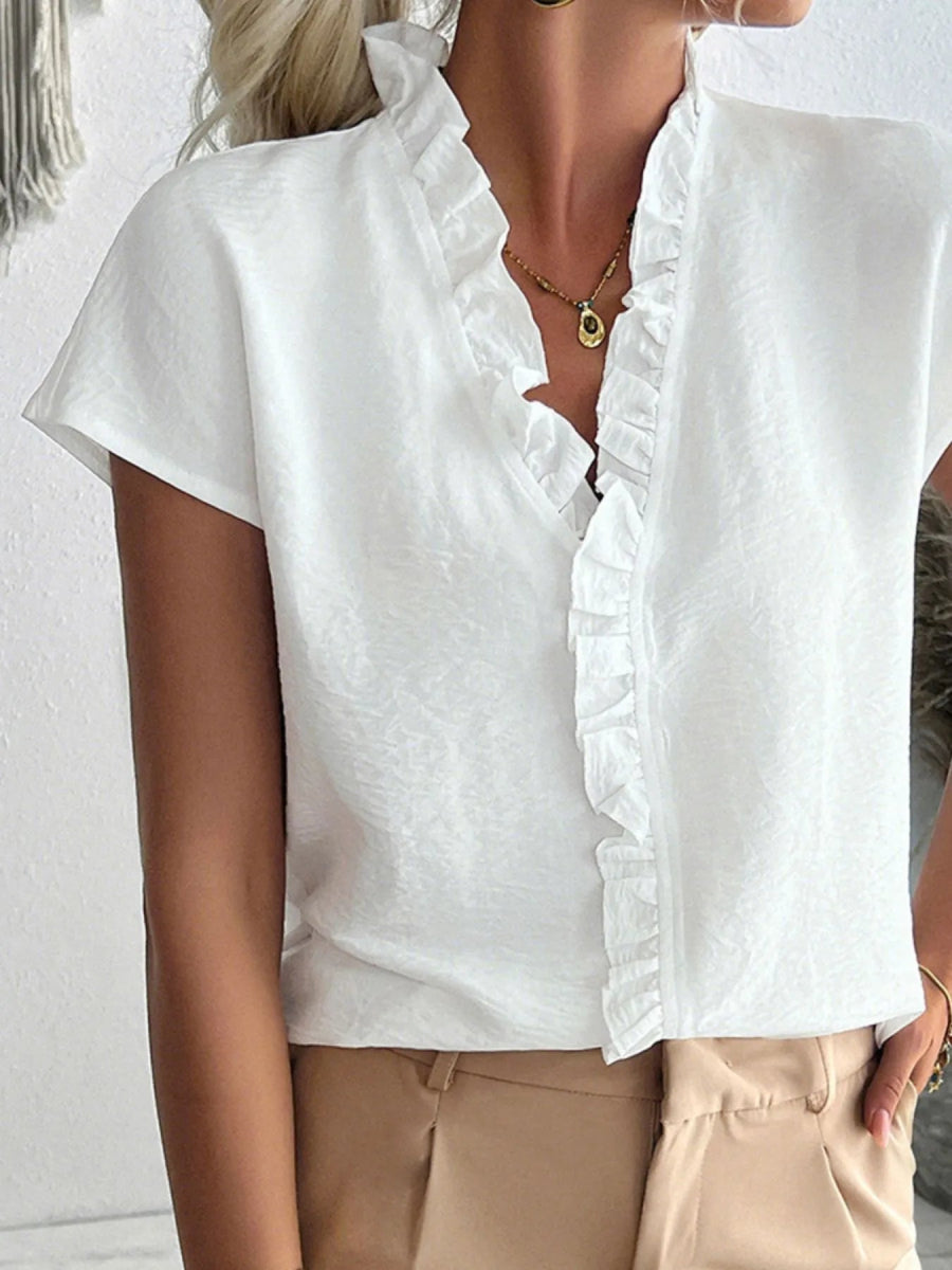 Ruffled V - Neck Short Sleeve Blouse - Body Central