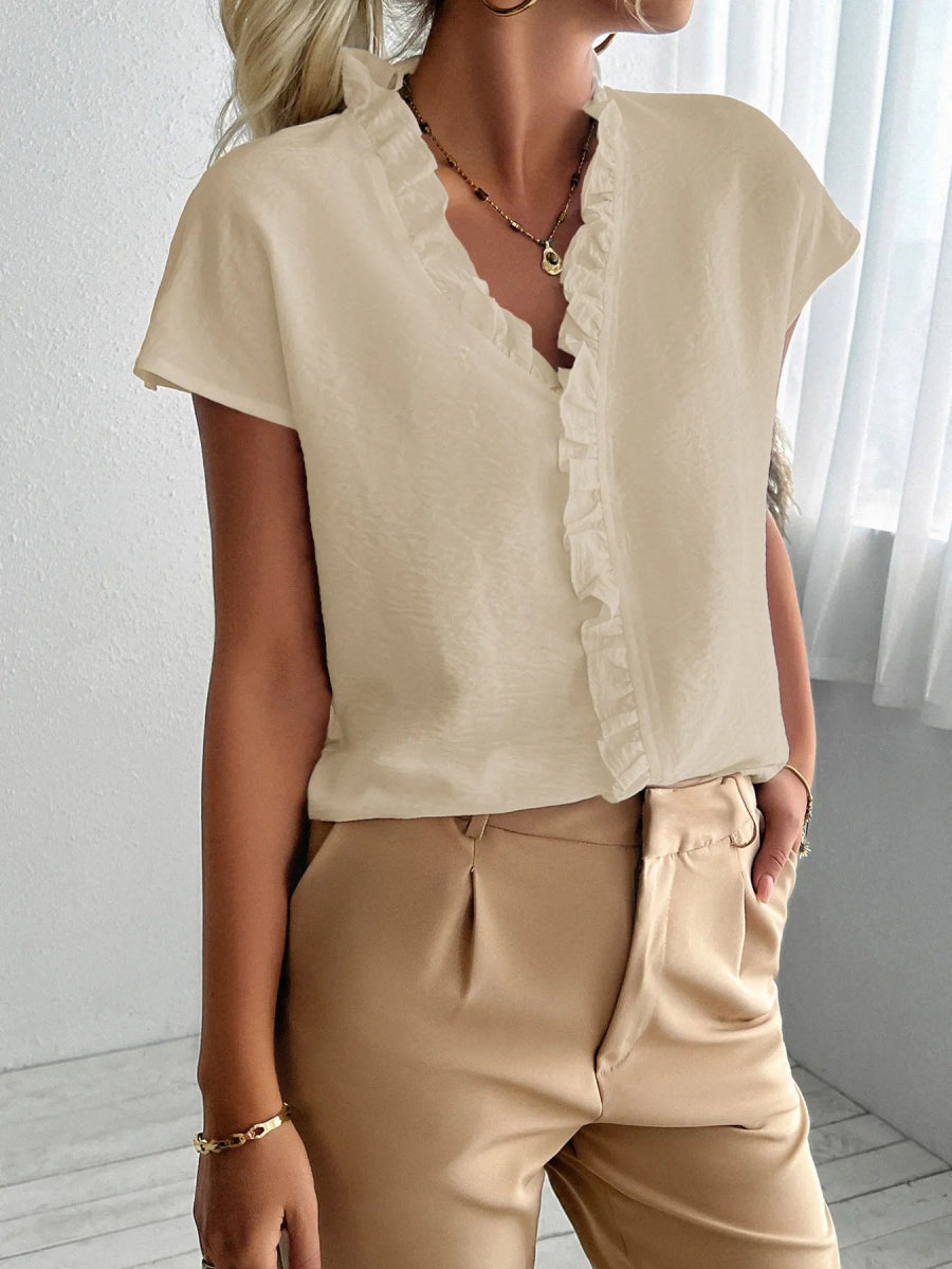 Ruffled V - Neck Short Sleeve Blouse - Body Central