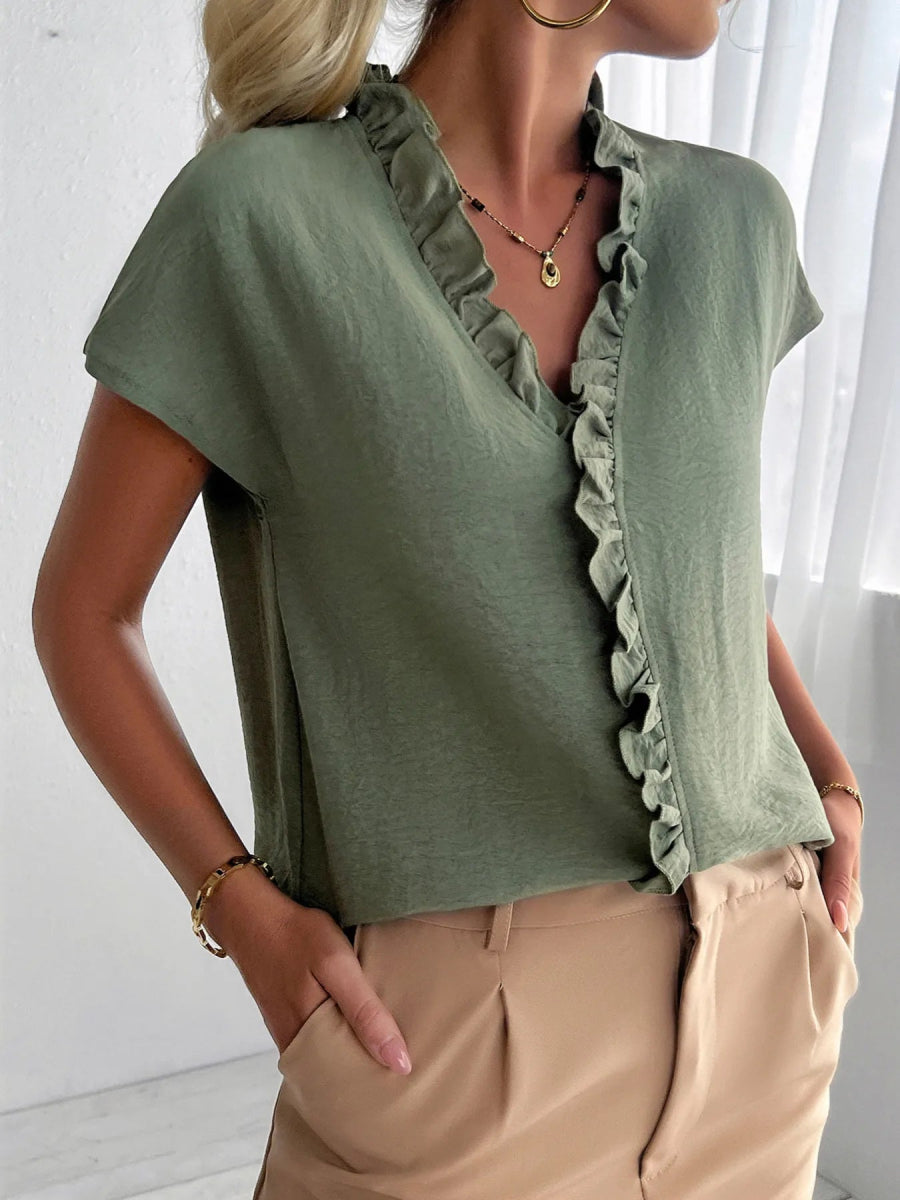 Ruffled V - Neck Short Sleeve Blouse - Body Central