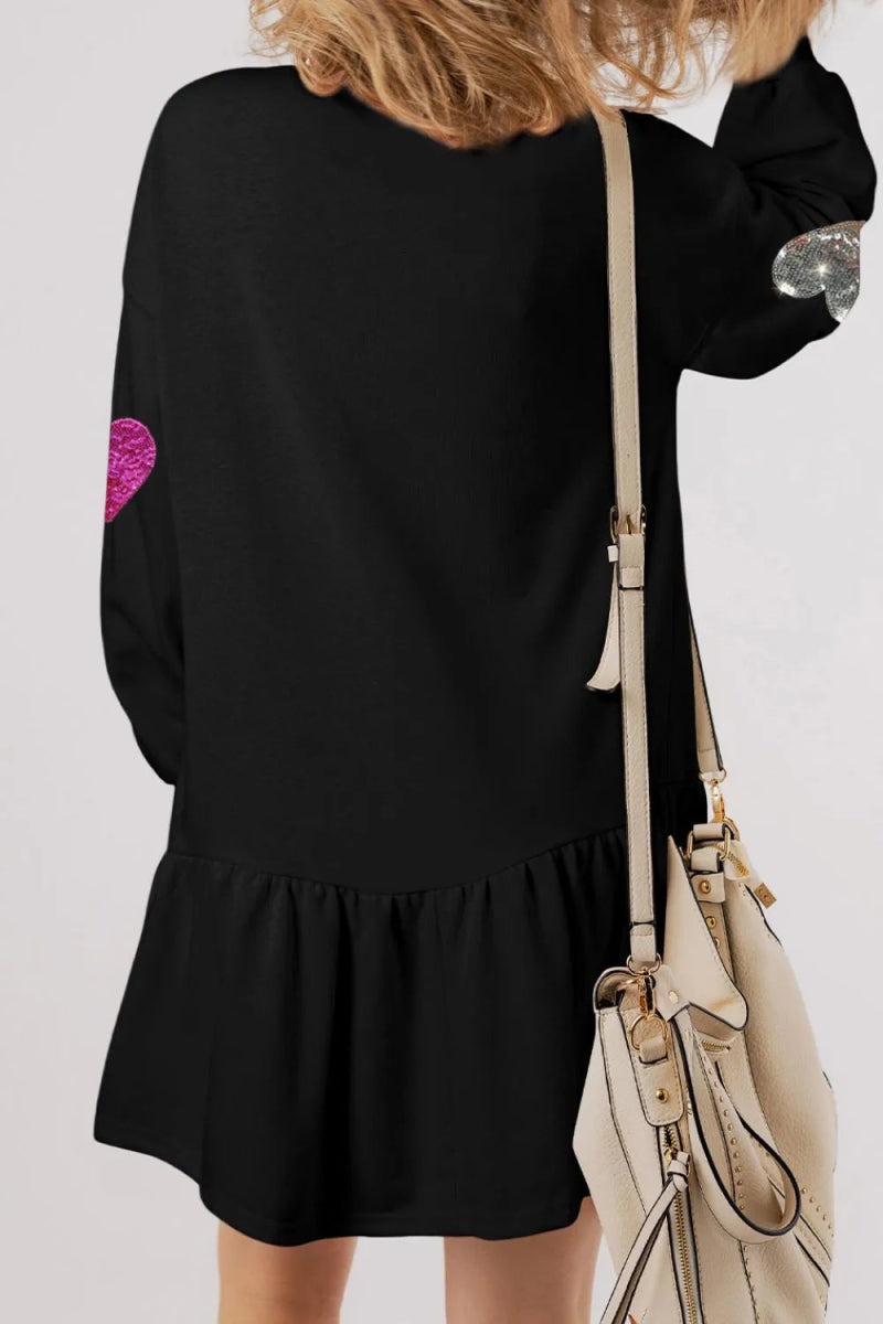 Sequin Heart Round Neck Long Sleeve Mini Dress - Body Central