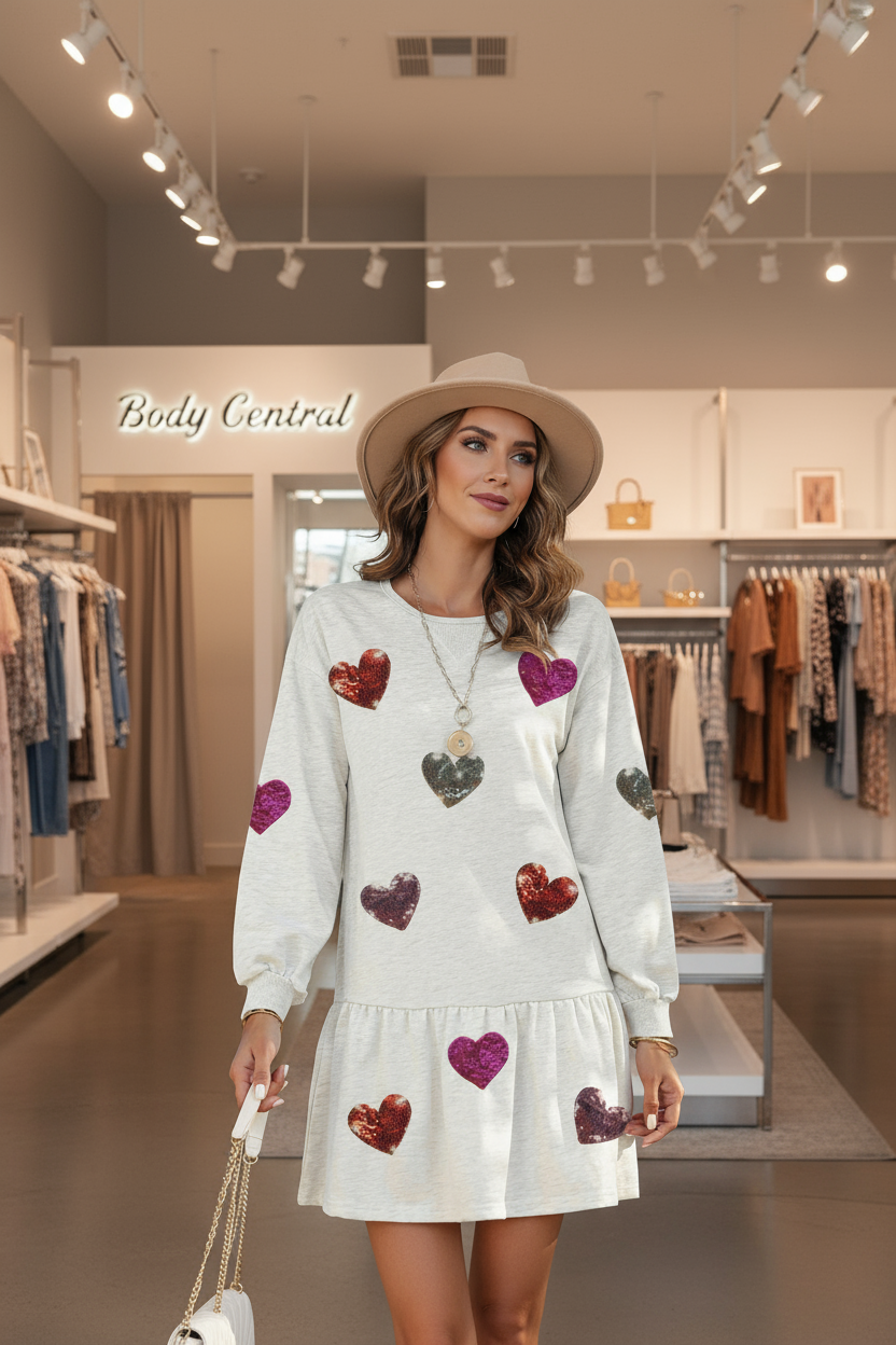 A Woman wearing a white dress with heart patterns in a Body Central clothing store.