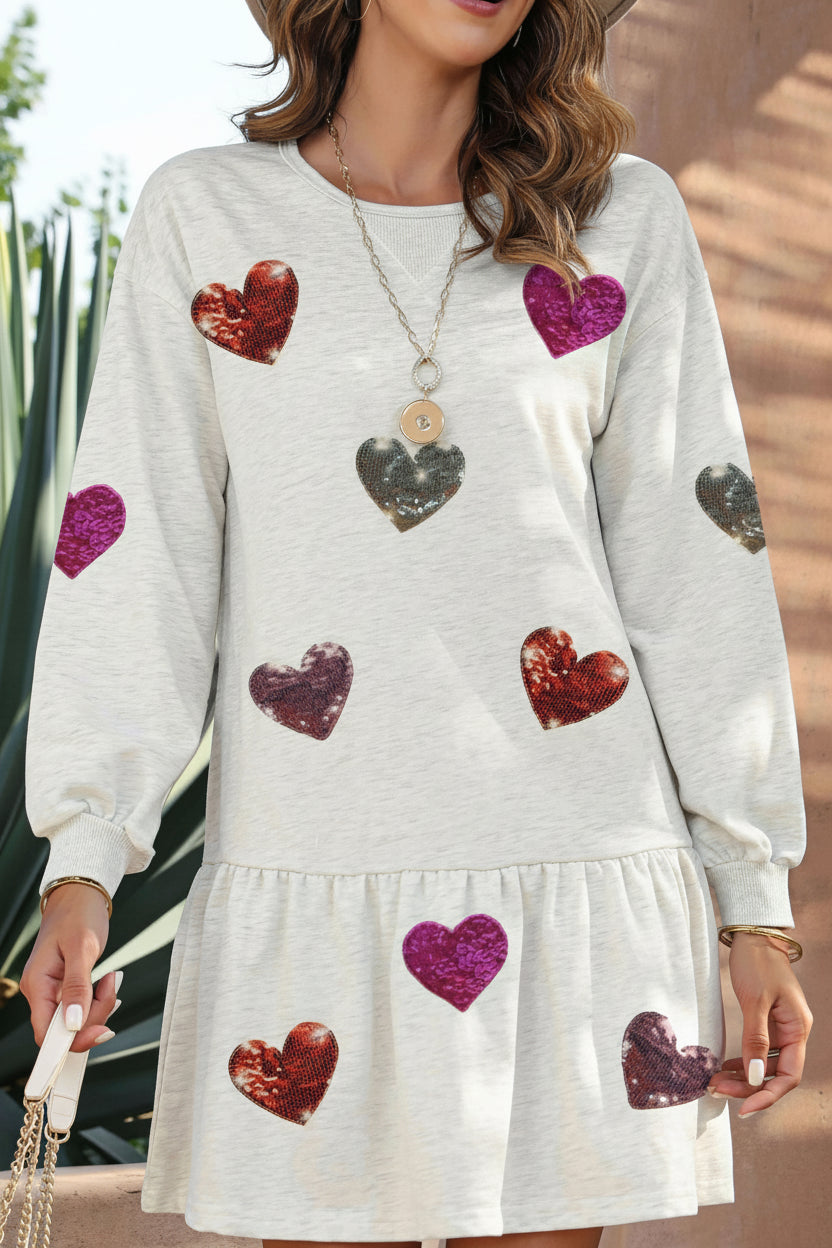 Sequin Heart Round Neck Long Sleeve Mini Dress - Body Central