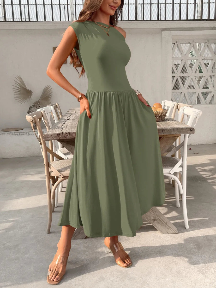 Single Shoulder Midi Dress with Pockets - Body Central