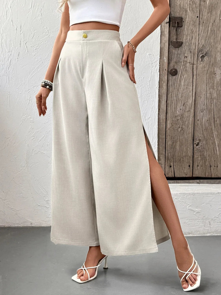 Slit Wide Leg Pleated Pants - Body Central