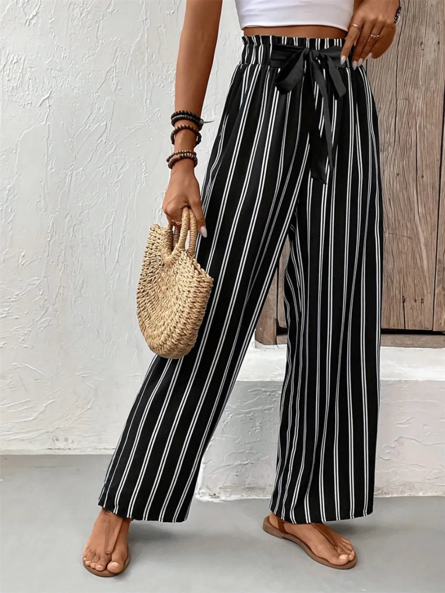 Striped High Waist Wide Leg Pants - Body Central