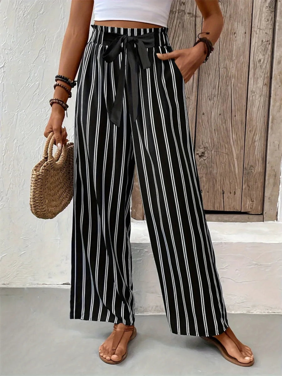 Striped High Waist Wide Leg Pants - Body Central