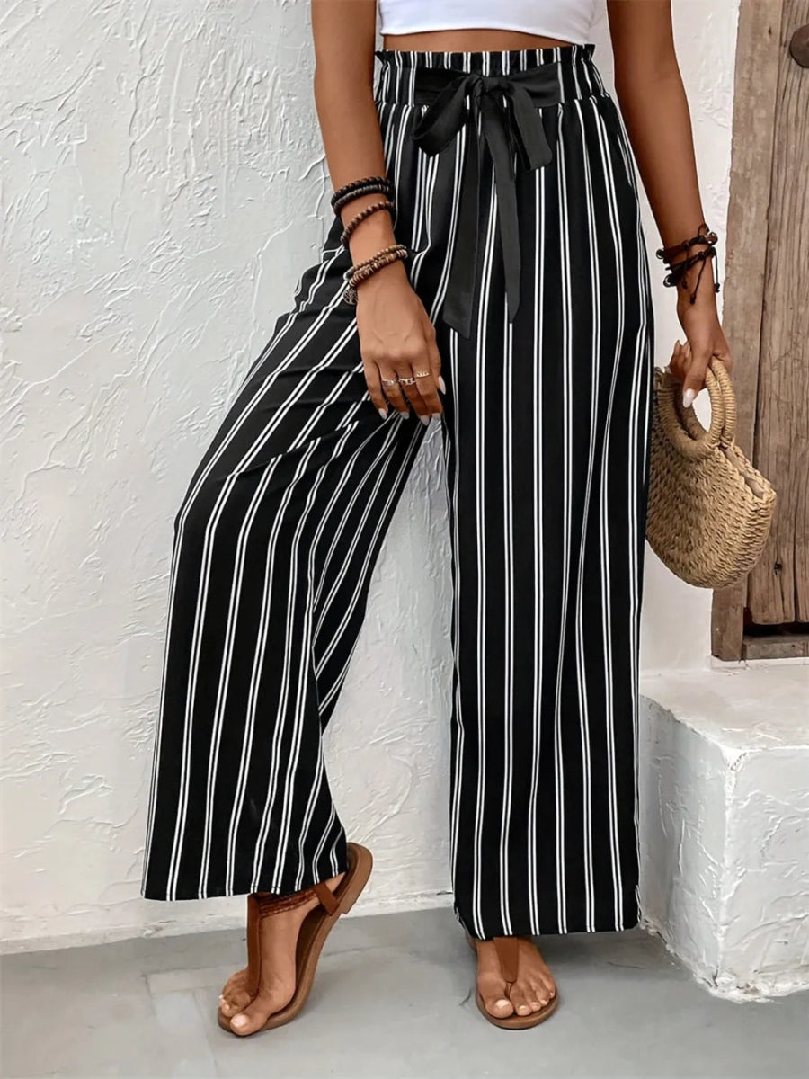 Striped High Waist Wide Leg Pants - Body Central