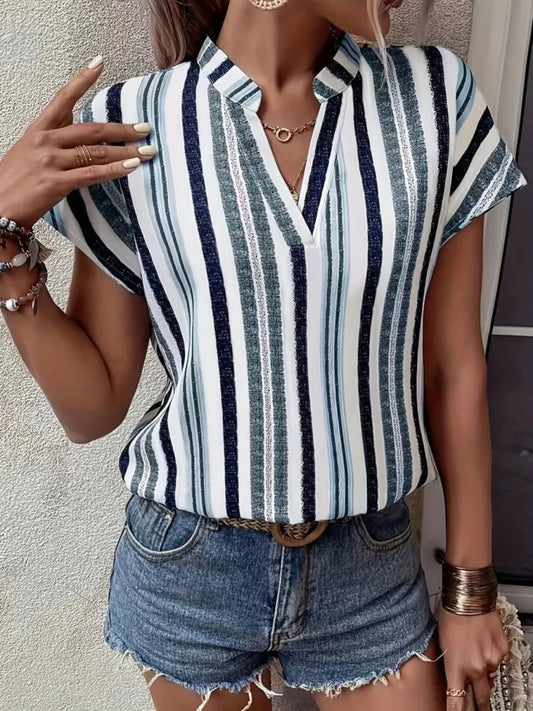 Striped Notched Short Sleeve Shirt - Body Central