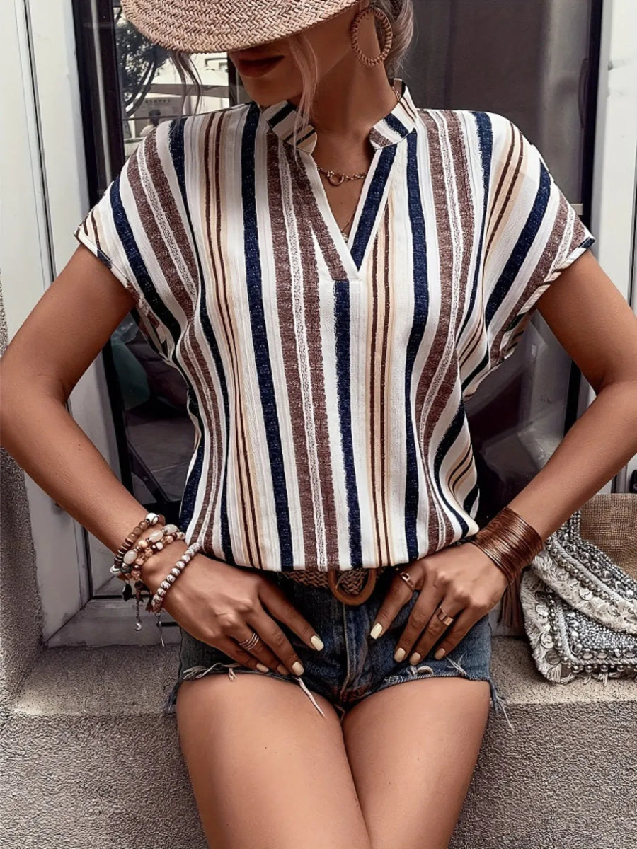 Striped Notched Short Sleeve Shirt - Body Central