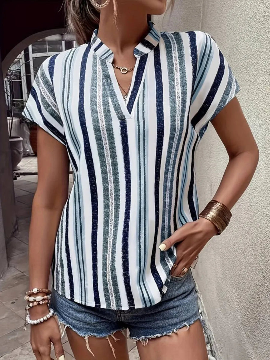 Striped Notched Short Sleeve Shirt - Body Central