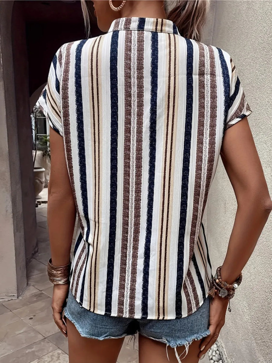 Striped Notched Short Sleeve Shirt - Body Central