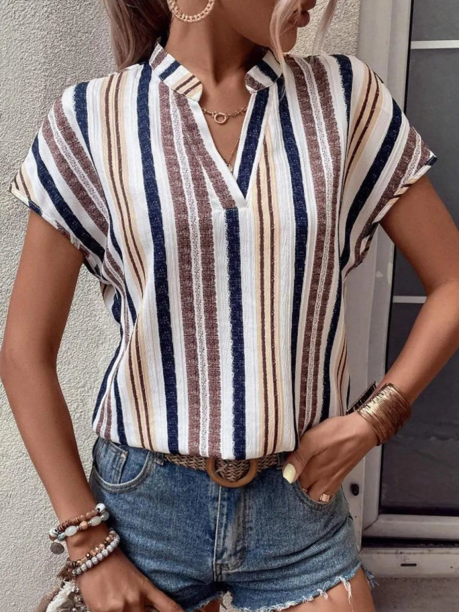 Striped Notched Short Sleeve Shirt - Body Central