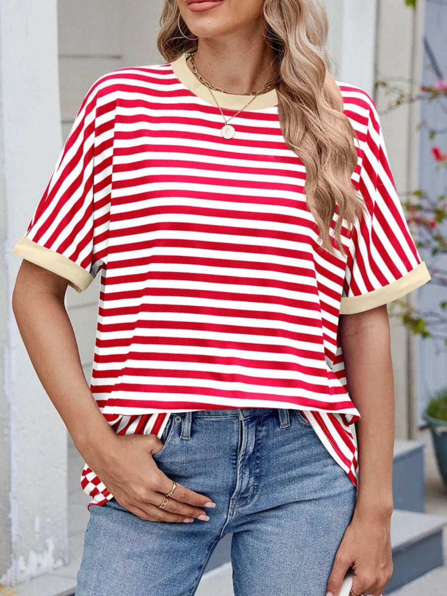 Striped Round Neck Half Sleeve T-Shirt - Body Central