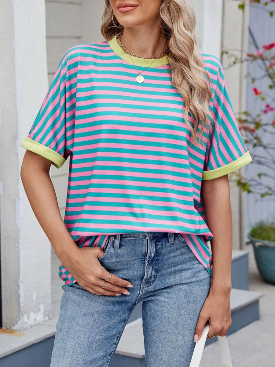 Striped Round Neck Half Sleeve T-Shirt - Body Central