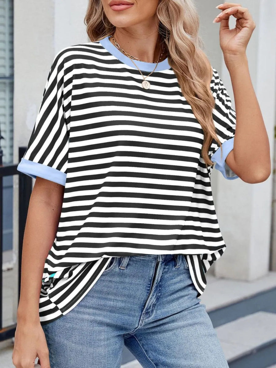 Striped Round Neck Half Sleeve T-Shirt - Body Central