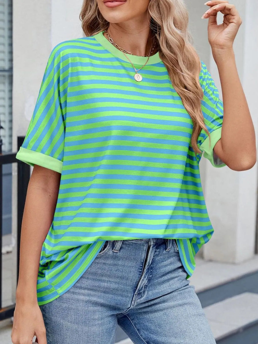 Striped Round Neck Half Sleeve T-Shirt - Body Central