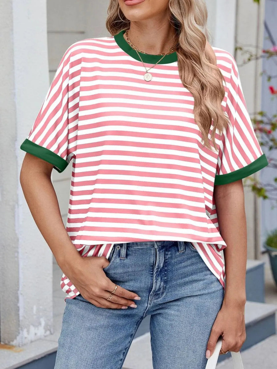 Striped Round Neck Half Sleeve T-Shirt - Body Central