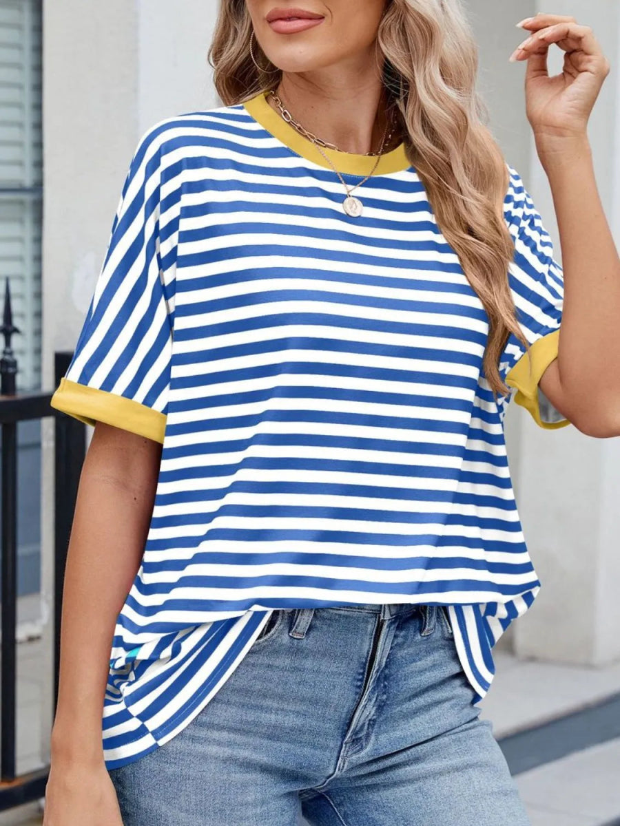Striped Round Neck Half Sleeve T-Shirt - Body Central
