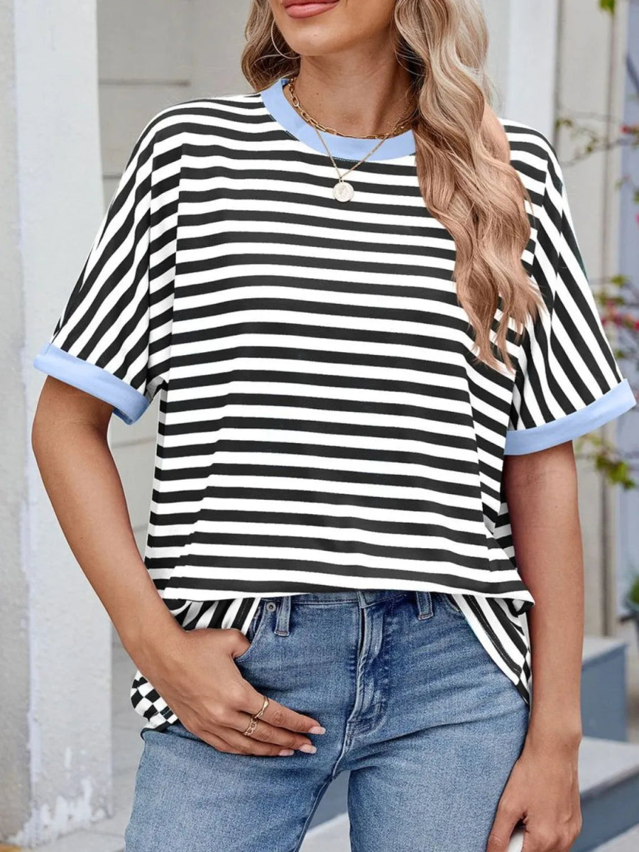 Striped Round Neck Half Sleeve T-Shirt - Body Central
