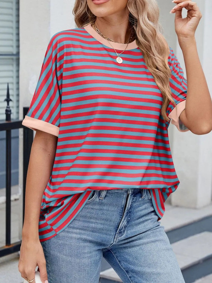 Striped Round Neck Half Sleeve T-Shirt - Body Central