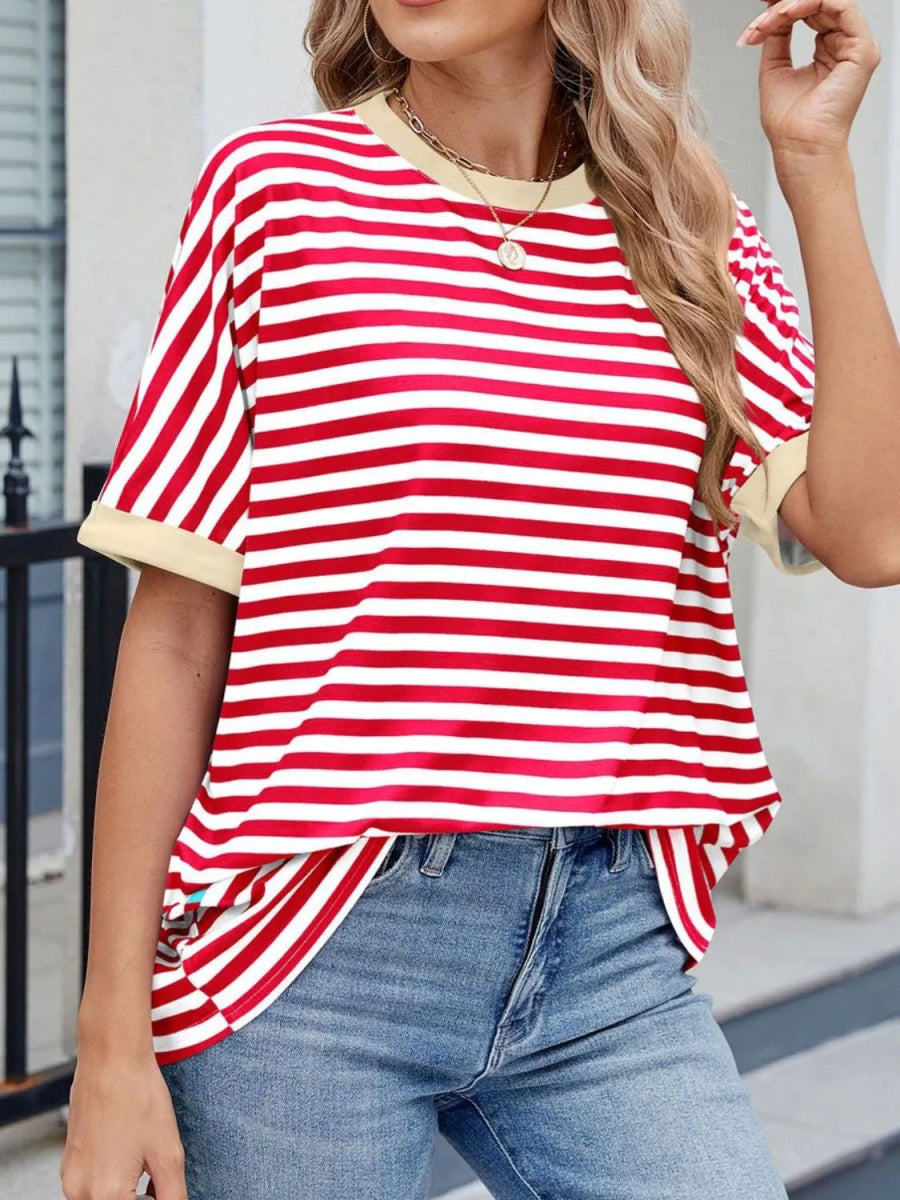 Striped Round Neck Half Sleeve T-Shirt - Body Central