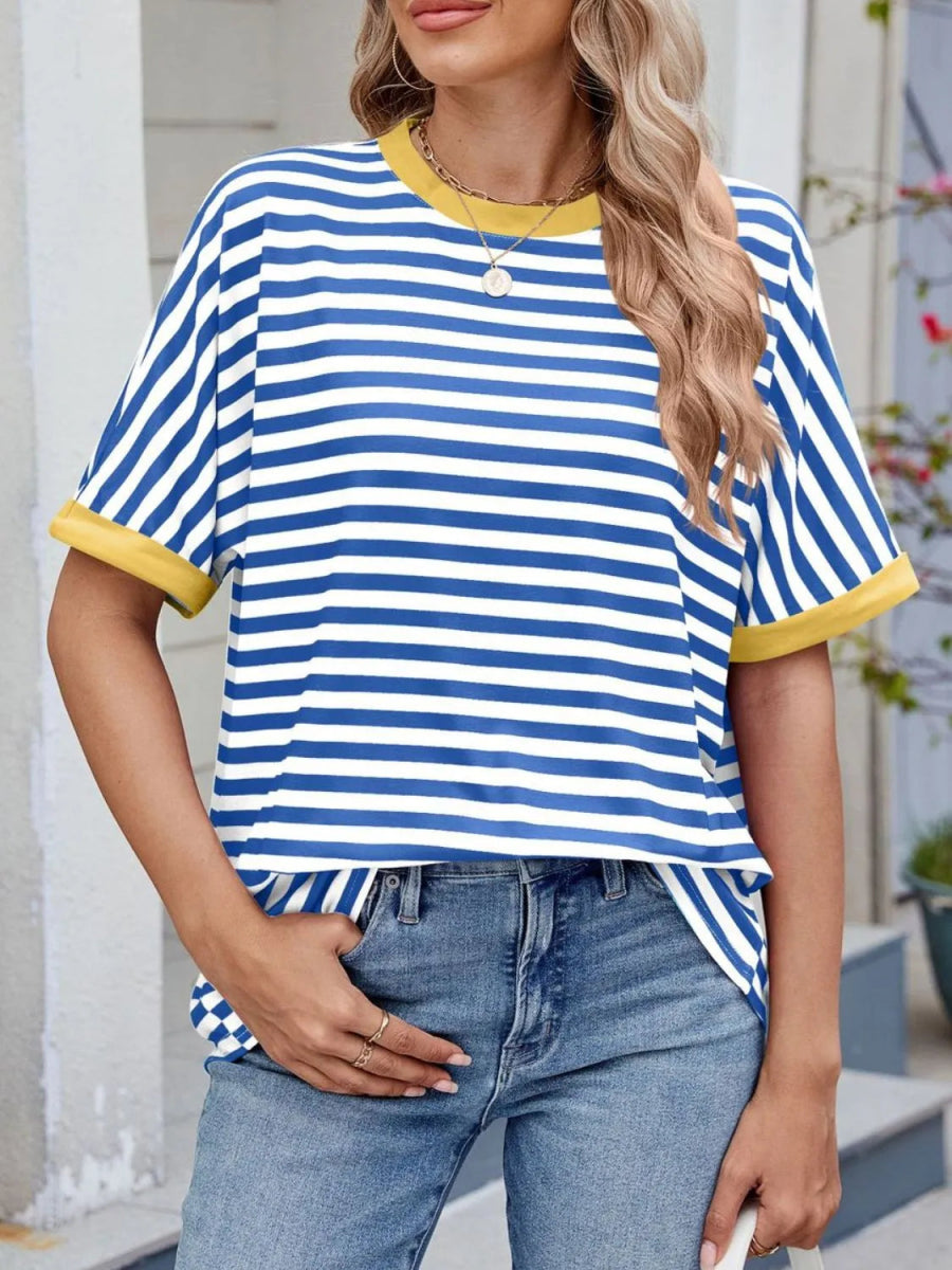 Striped Round Neck Half Sleeve T-Shirt - Body Central