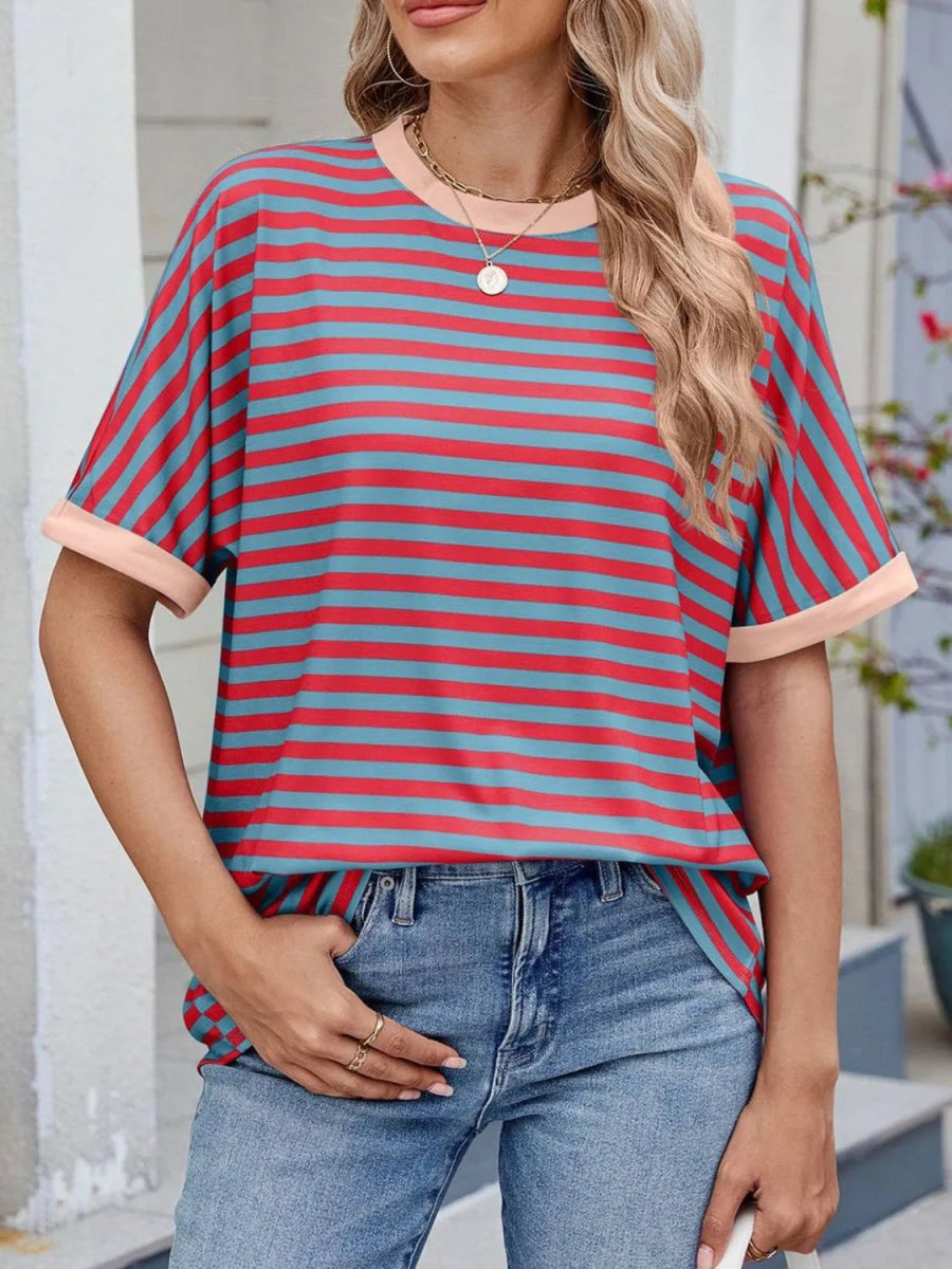 Striped Round Neck Half Sleeve T-Shirt - Body Central