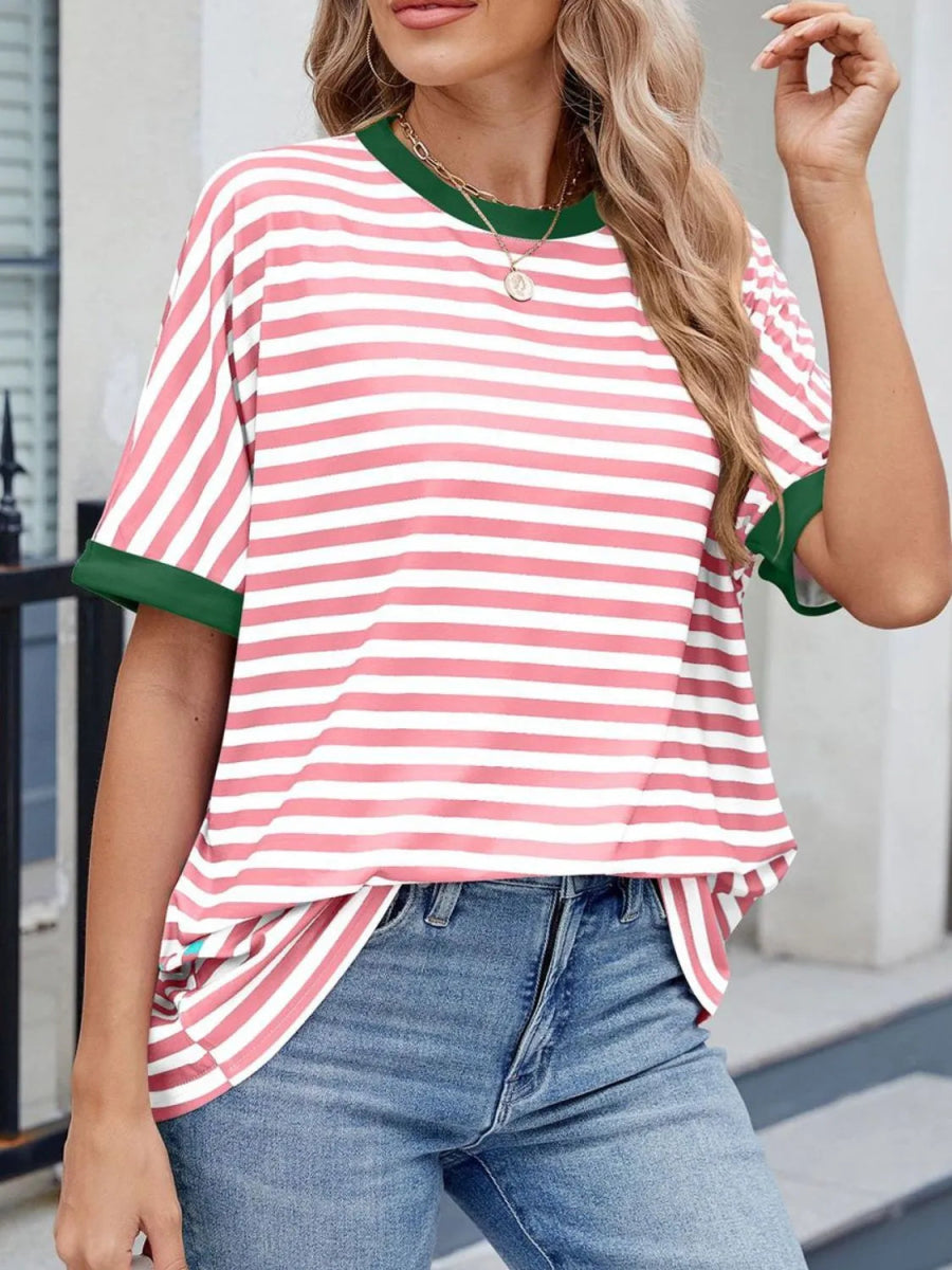 Striped Round Neck Half Sleeve T-Shirt - Body Central