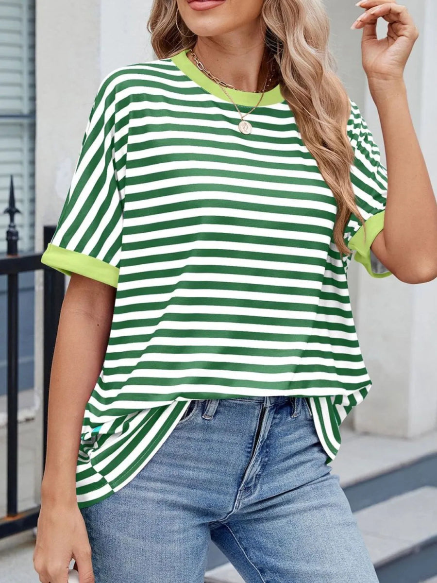 Striped Round Neck Half Sleeve T-Shirt - Body Central
