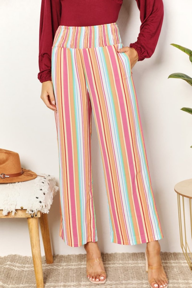 Striped Smocked Waist Pants with Pockets - Body Central