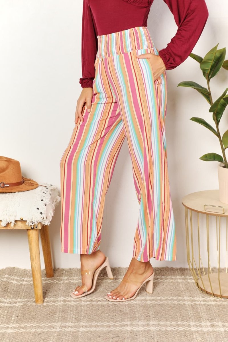Striped Smocked Waist Pants with Pockets - Body Central