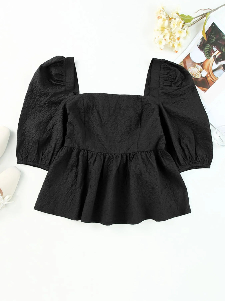 Textured Square Neck Puff Sleeve Peplum Blouse - Body Central