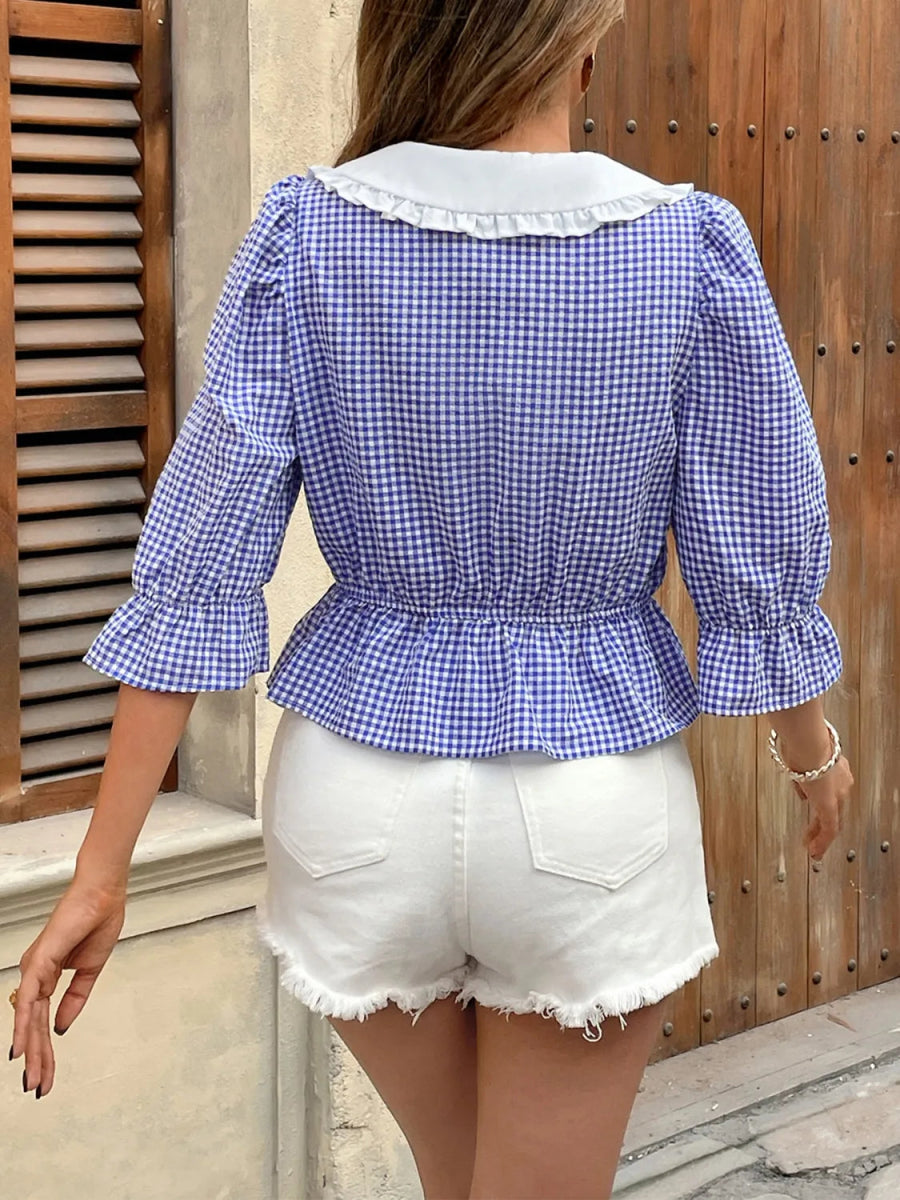 Tie Front Plaid Flounce Sleeve Blouse - Body Central