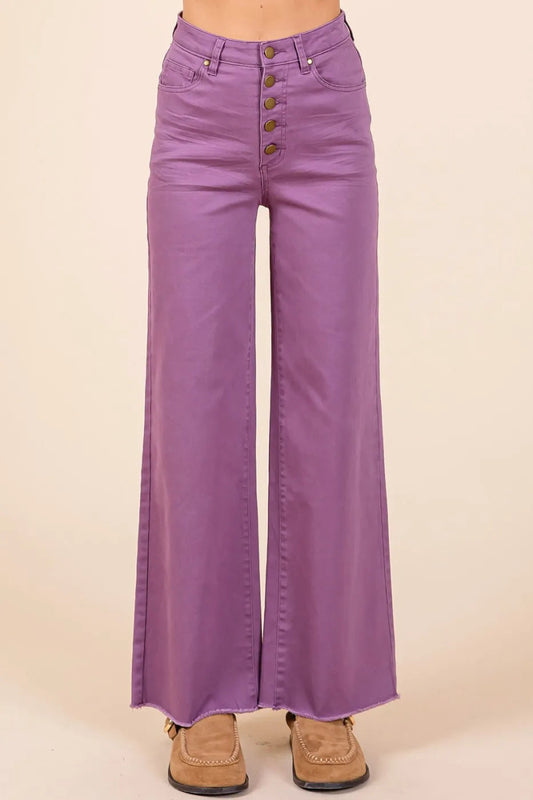 Twill High Waisted Button Fly Wide Leg Pants - Body Central
