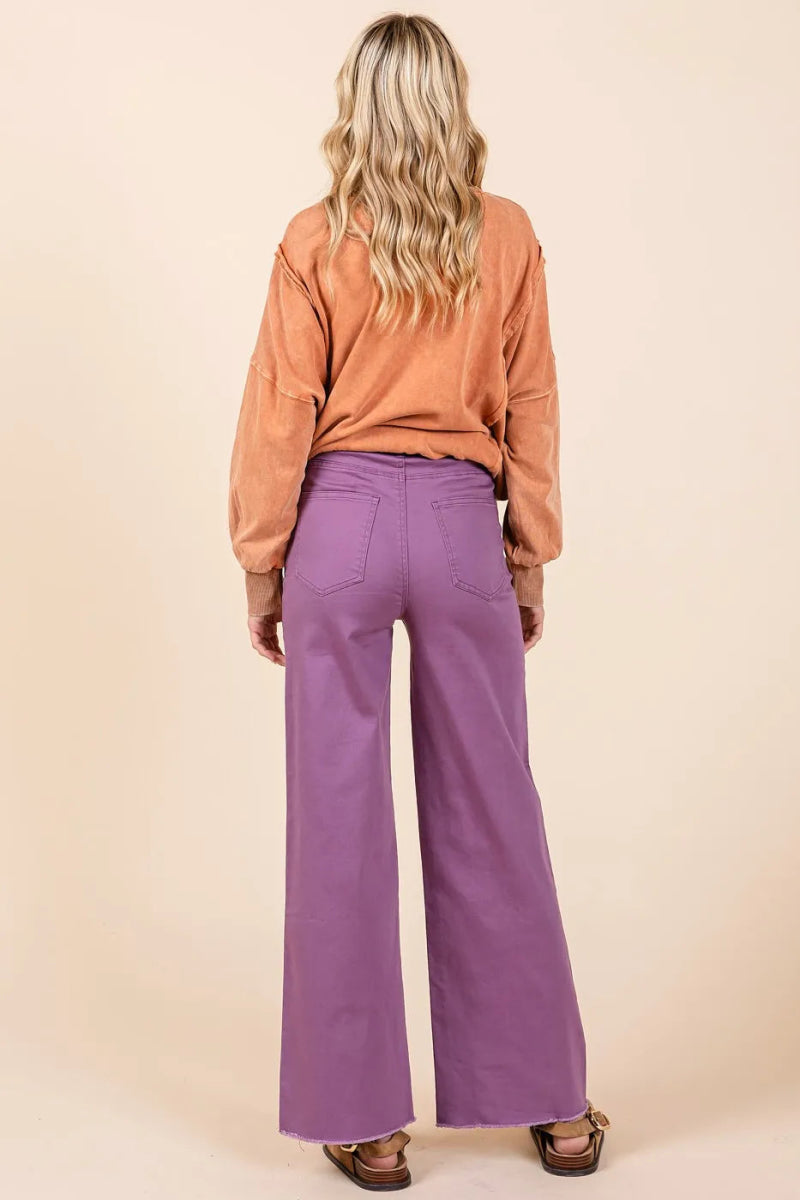 Twill High Waisted Button Fly Wide Leg Pants - Body Central