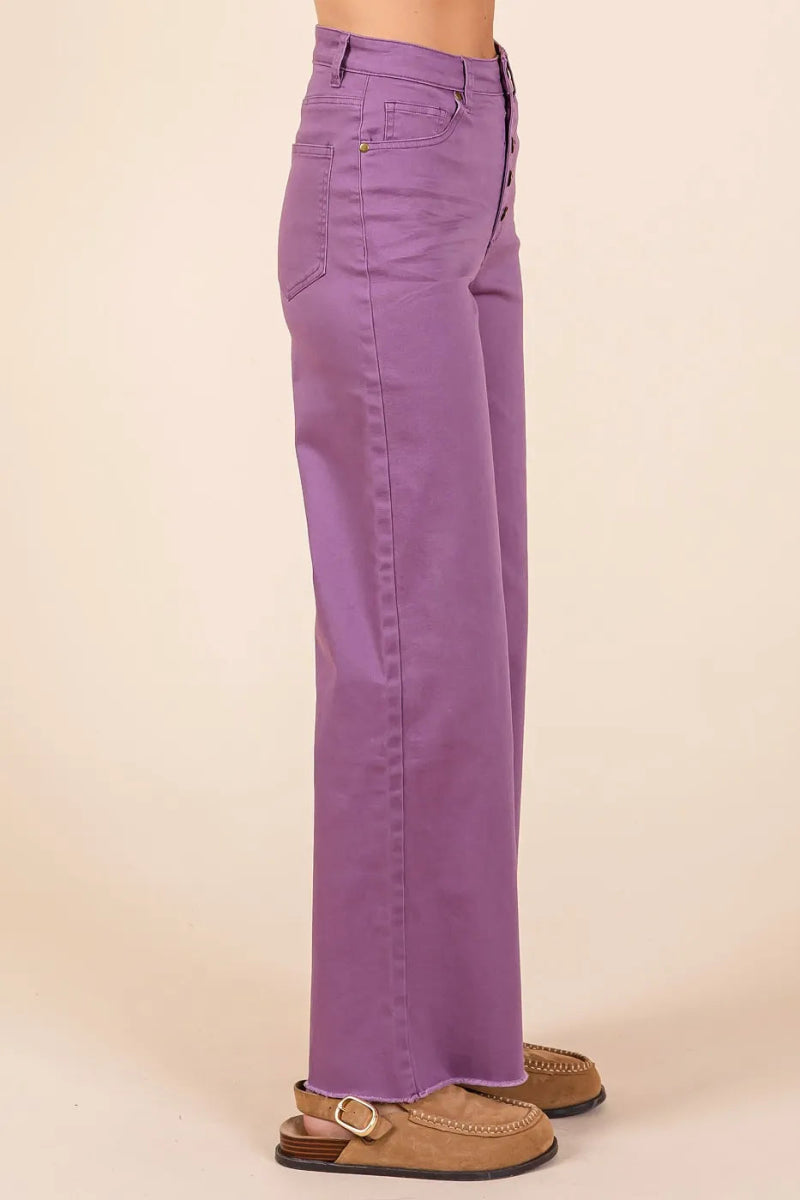 Twill High Waisted Button Fly Wide Leg Pants - Body Central