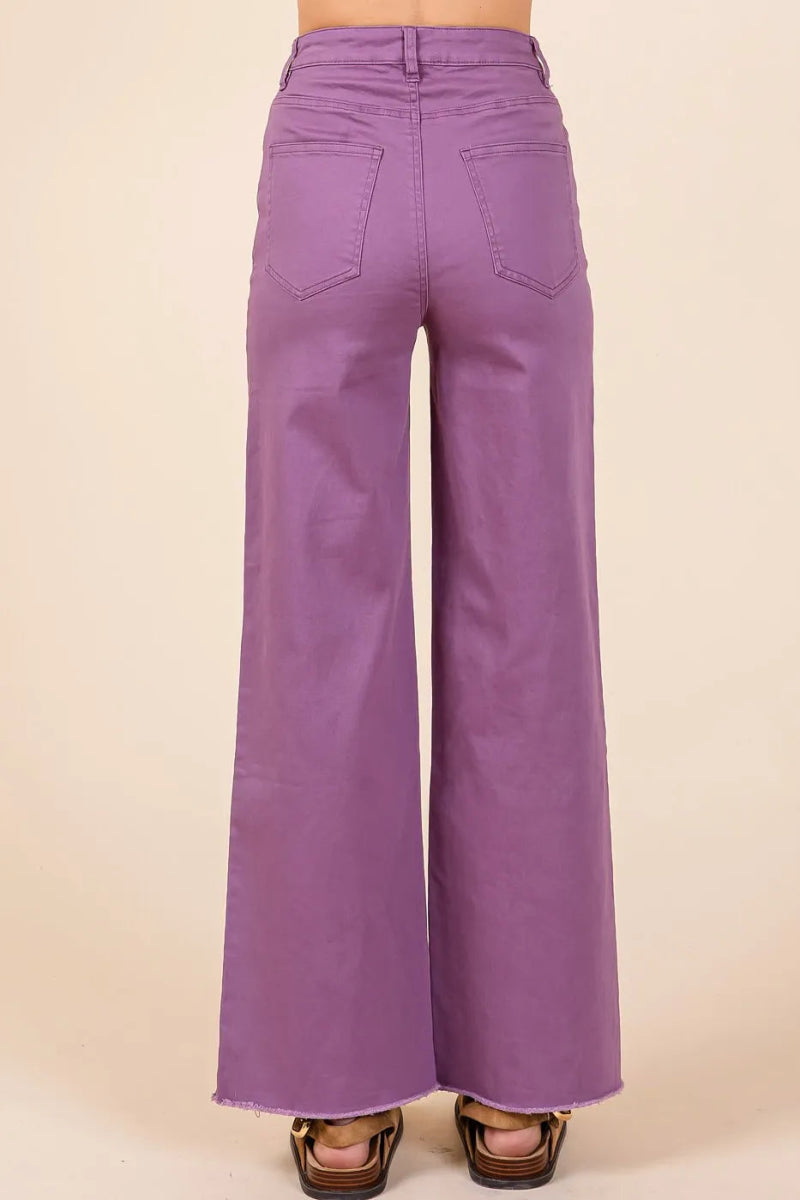 Twill High Waisted Button Fly Wide Leg Pants - Body Central